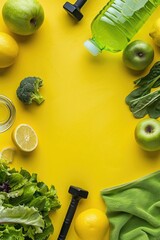 Wall Mural - poster background, yellow in color, flat lay view of fitness and wellness theme with dumbbells water bottle green apple salad towel on the right side with empty space in center for text