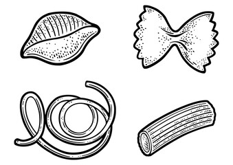 Wall Mural - Pasta products set sketch engraving PNG illustration. T-shirt apparel print design. Scratch board imitation. Black and white hand drawn image.