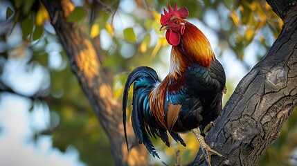 Wall Mural - bright beautiful Rooster, in tree branch. Generative Ai