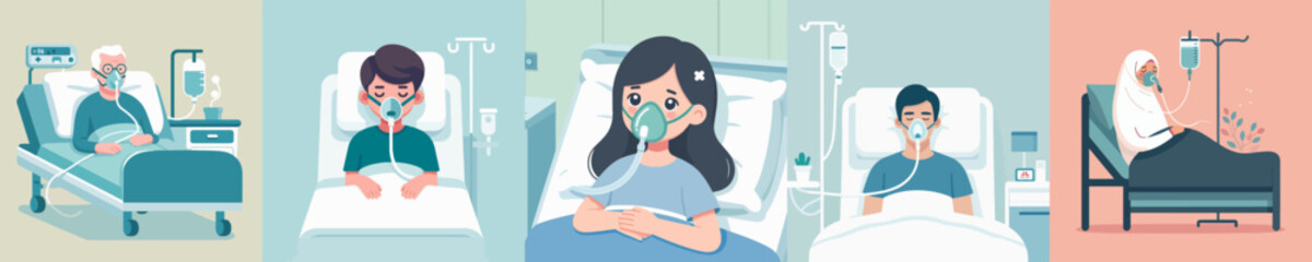 set Vector patient lying in hospital bed with oxygen mask