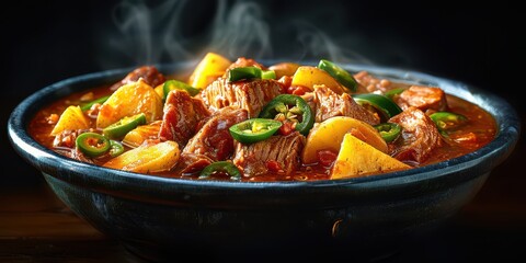 Wall Mural - Spicy Korean Beef Stew with Vegetables in a Black Bowl, Garnished with Green Chili Peppers and Steaming Hot for Perfect Comfort Meal