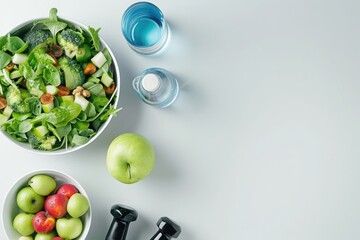 Wall Mural - Taped tammed, bowl with salad and green apple on white background, dumbbells near bottle of water. Concept for healthy lifestyle or weight loss. Top view.