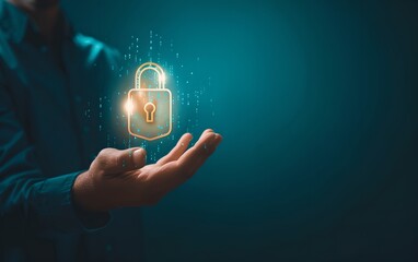 Poster - Businessman holding digital padlock symbol in hand. Futuristic cybersecurity and data protection concept. Business data privacy. Internet network security technology. Banner with copy space