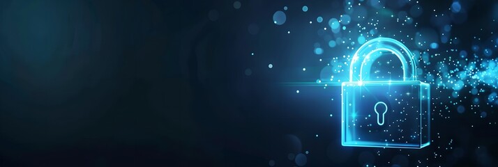 Poster - Digital padlock symbol with abstract blue background. Futuristic cybersecurity and data protection concept. Business data privacy. Internet network security technology. Banner, header with copy space