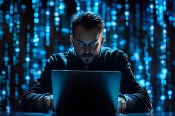 Poster - Hacker sitting at laptop with binary code background. Futuristic cybersecurity and data protection concept. Darknet, virus infected software. Data thief, internet fraud