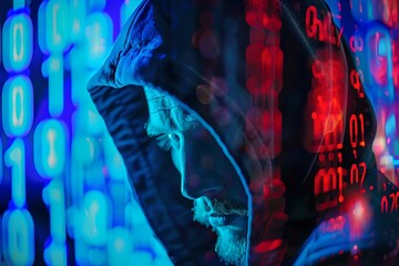 Poster - Close-up of hacker with binary code overlay. Futuristic cybersecurity and data protection concept. Darknet, virus infected software. Data thief, internet fraud