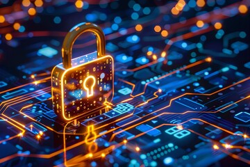 Poster - Digital padlock symbol with circuit board background. Futuristic cybersecurity and data protection concept. Business data privacy. Internet network security technology. Banner with copy space