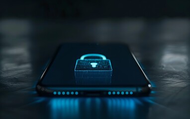 Poster - Digital padlock symbol on phone screen on black table. Futuristic cybersecurity and data protection concept. Business data privacy. Internet network security technology