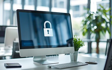 Digital padlock symbol on a computer screen in modern office. Futuristic cybersecurity and data protection concept. Business data privacy. Internet network security technology