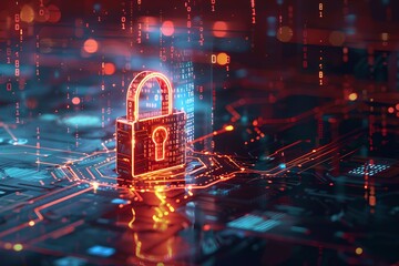 Poster - Digital padlock symbol with circuit board background. Futuristic cybersecurity and data protection concept. Business data privacy. Internet network security technology