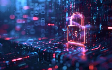 Poster - Digital padlock symbol with abstract binary code background. Futuristic cybersecurity and data protection concept. Business data privacy. Internet network security technology. Banner with copy space