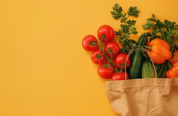 Wall Mural - Top view of a brown eco bag with vegetables on a light yellow background in a flat lay, copy space concept banner for healthy eating or a food delivery service.