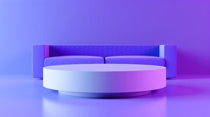 Poster - A white circular platform sits in front of a purple couch against a purple and blue wall