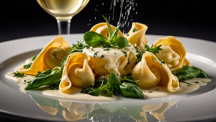 Wall Mural - Appetizing tortellini with cheese and spinach, Italian food dining