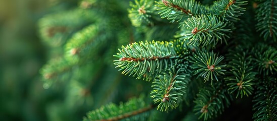 A close up of green pine needles with a few brown tips. The needles are arranged in a way that creates a sense of depth and movement. The image conveys a feeling of tranquility and natural beauty