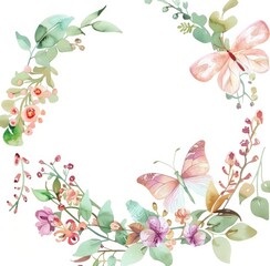 Wall Mural - Watercolor spring wreath with flowers and butterfly 