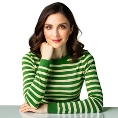 Wall Mural - Confident woman in green striped sweater on transparent background