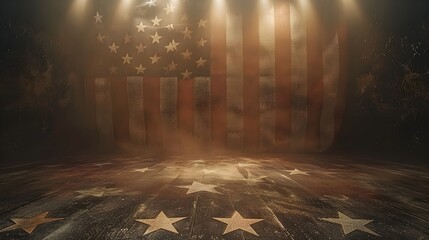 3D rendering of the American flag background. The flag is spread across an empty stage, illuminated by bright rays of light that highlight its intricate details