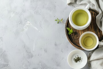 Wall Mural - Top view of two cups with green tea and white teapot on a wooden tray, in a flat lay composition on a light grey concrete background with copy space for text or design.