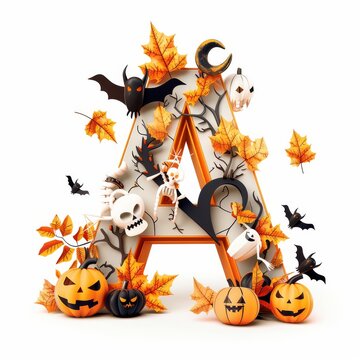 Halloween letter A with pumpkins and ghost. Autumn Halloween letter A with pumpkins.
