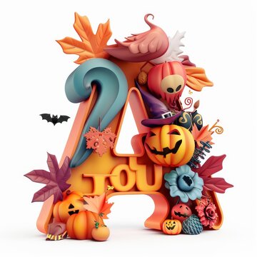 Halloween letter A with pumpkins and ghost. Autumn Halloween letter A with pumpkins.