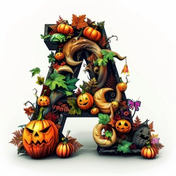 Halloween letter A with pumpkins and ghost. Autumn Halloween letter A with pumpkins.