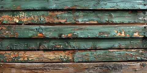 Wall Mural - Weathered green wooden planks with peeling paint and rust. Texture and background photography for design and print