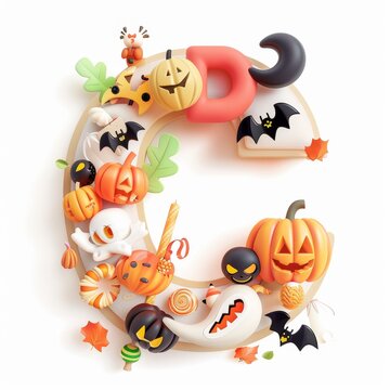 halloween letter c with pumpkins and ghost. autumn halloween letter c with pumpkins.