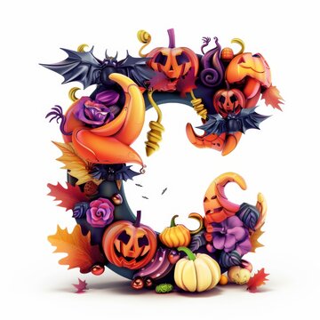 Halloween letter C with pumpkins and ghost. Autumn Halloween letter C with pumpkins.
