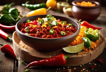 Wall Mural - delicious spicy chili bowl savory comfort food presentation, toppings, dish, meal, lunch, dinner, appetizing, tempting, tasty, culinary, gourmet