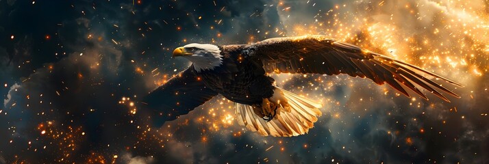 Flying eagle with American flag and fireworks on background, 4 July Independence Day celebration