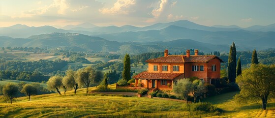 Canvas Print - Scenic countryside with rustic cottages and forests, providing a perfect setting for relaxation and adventure