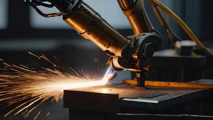 Poster - Dynamic Close-Up of Robotic Arm Welding Sparks in Manufacturing industrial plant