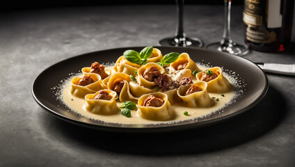 Canvas Print - Appetizing tortellini with meat and spinach, Italian food