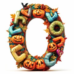 Sticker - Halloween letter O with pumpkins and ghost. Autumn Halloween letter O with pumpkins.