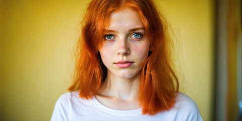 Young adult ginger woman studio portrait. Close up. 