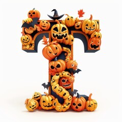 Sticker - Halloween letter T with pumpkins and ghost. Autumn Halloween letter T with pumpkins. 