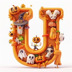 Wall Mural - Halloween letter U with pumpkins and ghost. Autumn Halloween letter U with pumpkins. 