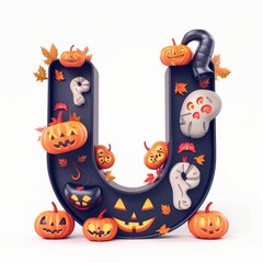 Sticker - Halloween letter U with pumpkins and ghost. Autumn Halloween letter U with pumpkins. 