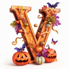 Wall Mural - Halloween letter V with pumpkins and ghost. Autumn Halloween letter V with pumpkins. 