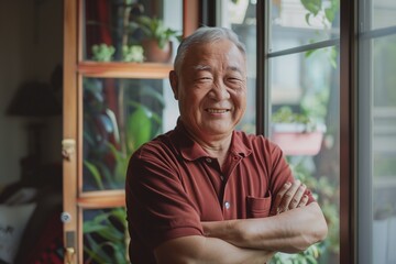 A happy senior Asian man stands by a window with his arms crossed