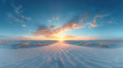 Stunning Sunrise Over Serene Desert Dunes with Rippling Patterns and Gorgeous Sky Showcasing Nature's Beauty and Tranquility