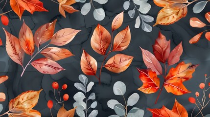 Wall Mural - Watercolor autumn leaves seamless pattern on dark gray background. Orange, red, brown maple leaves, eucalyptus branches.