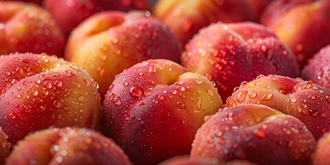 Close-up view of fresh, dew-covered peaches with vivid red and orange hues filling the frame.