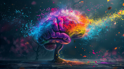 Wall Mural - an artistic representation of a human brain transitioning into a tree-like structure. The brain is depicted with vibrant, multi-colored splashes emanating from it