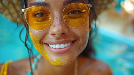 A cheerful woman with yellow face paint and reflective sunglasses smiling