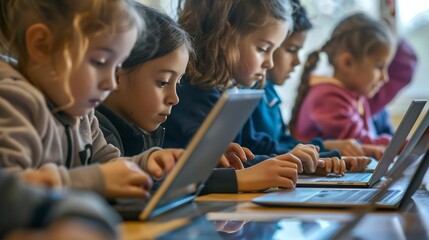 Aufkleber - Group of TechSavvy Primary School Children Working on Their Laptop and Tablet Computers in Class Young Female Teacher Educating Kids on Internet Safety Basic Programming Languages and  : Generative AI