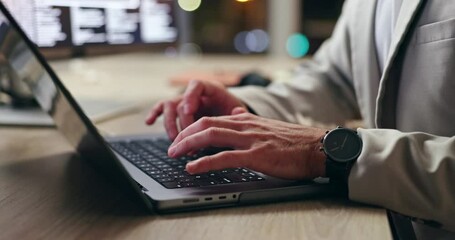 Sticker - Laptop, night and hands typing code, software and business person research for project deadline in office. Computer, keyboard or professional programmer writing info for cybersecurity network closeup