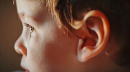 ear closeup child listening sound wave acoustics and sound vibrations Auditory System Hearing Test Cochlear implant Assistive listening device : Generative AI