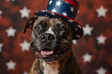 Funny patriotic dog in hat with American flag and fireworks on background, 4 July Independence Day celebration